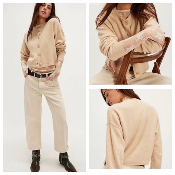 New! Free People Lila 100% cashmere Tan Button-Up Cardigan 2358 - Picture 1 of 12
